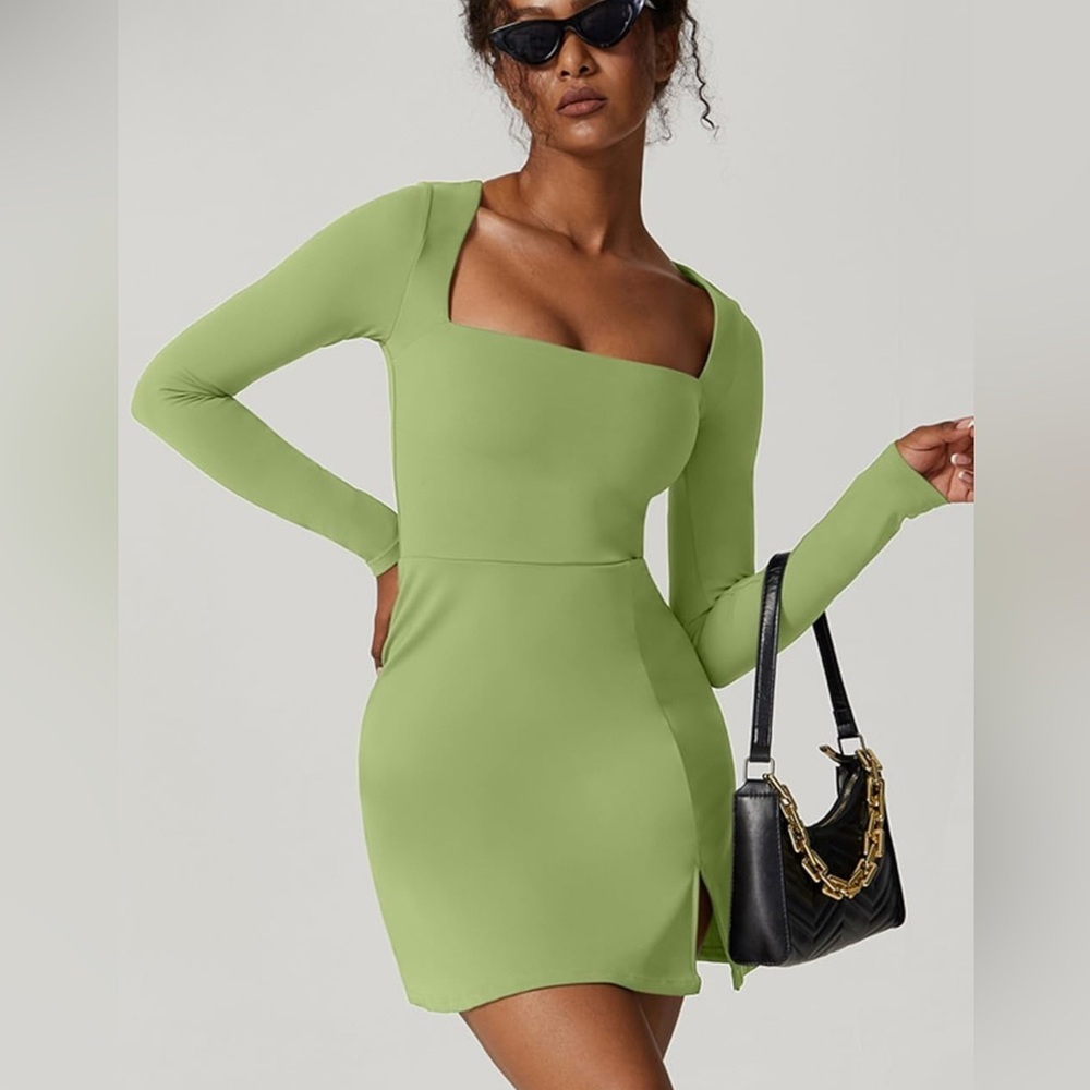 Qinsen Sage Green Long Sleeve Square Neck Mini Dress Side Slit NWT